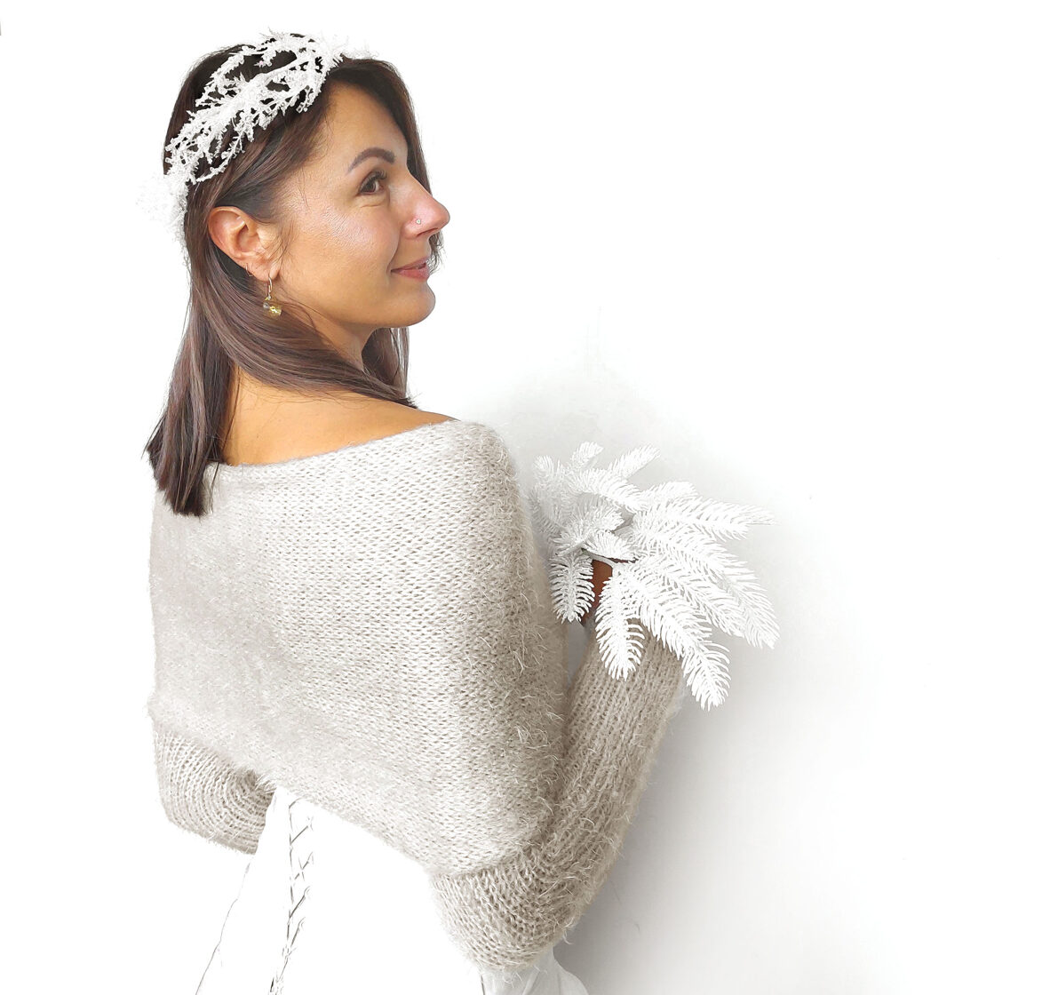 Antique white bridal sweater, knitted shrug, bridal scarf with arms, VW3