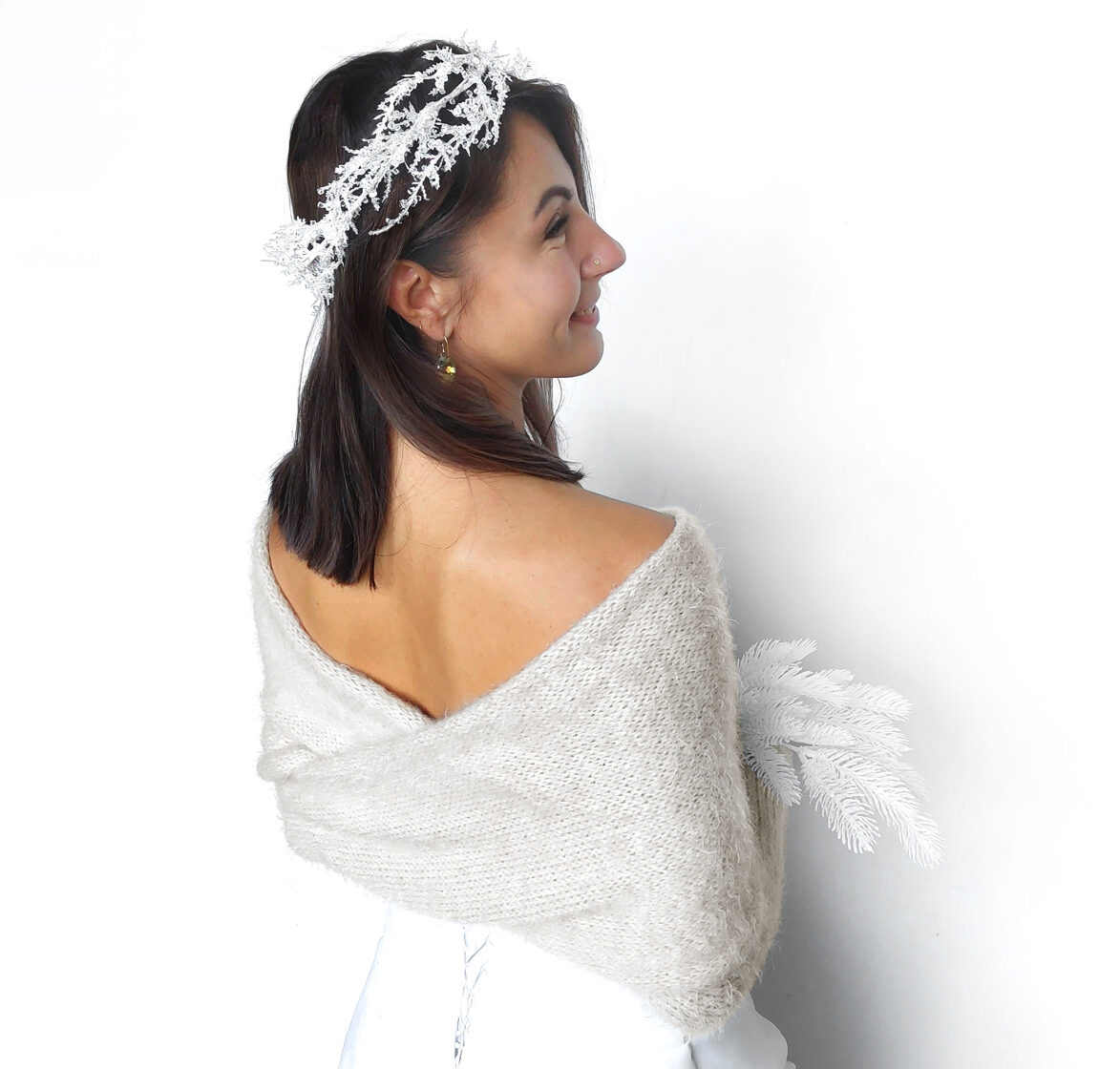 Antique white bridal sweater, knitted shrug, bridal scarf with arms, VW3