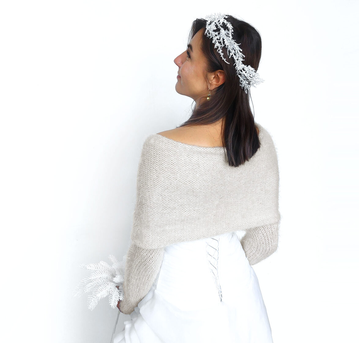 Antique white bridal sweater, knitted shrug, bridal scarf with arms, VW3