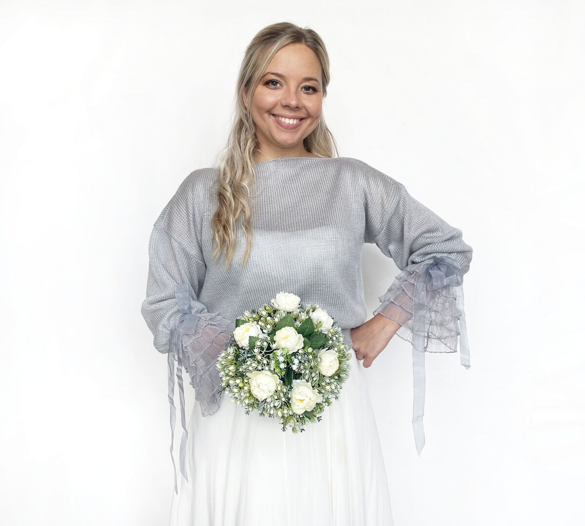 Grey knitted bridal sweater, wedding jumper