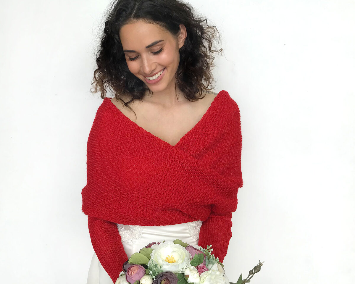 Wedding sweater red, bridal jacket, cover up, knitted shrug, code WR5