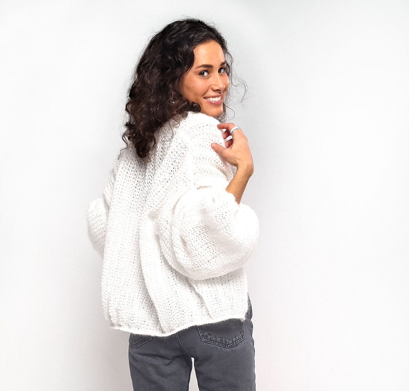 Cardigan oversize blanc en mohair tricoté, veste femme à manches cloche