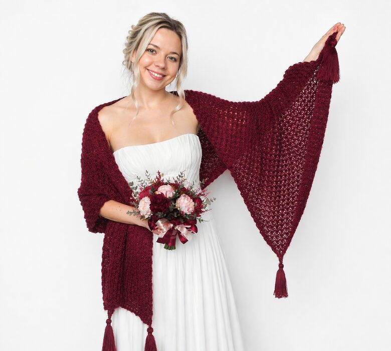 Burgunderrotes Mohair-Brauttuch, Hochzeitsstola für Winter, Brautjungfern-Schal, WBU8