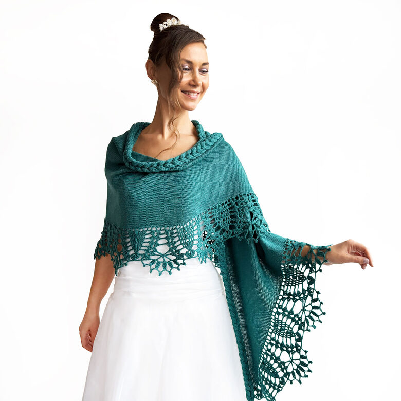 Plecu šalle adīta ar dekoratīvu tamborētu malu tirkīzzaļā krāsā, kods WB19