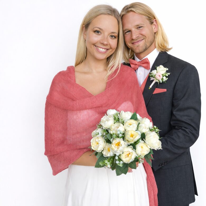 No mohēras un zīda adīta plecu šalle līgavai koraļkrāsā, kods WP10