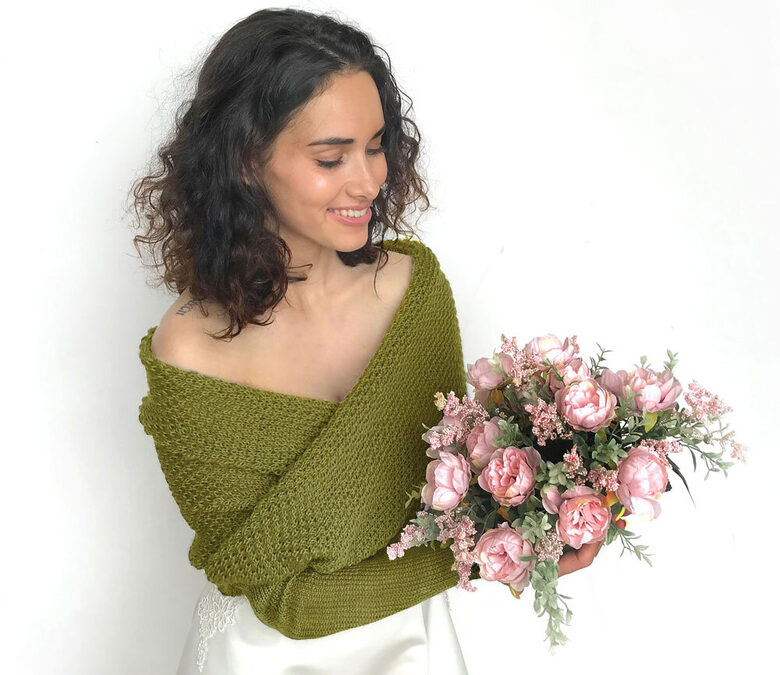Olivgrüner Hochzeitspullover, gestrickte Brautjacke, Bolero – Code WG27