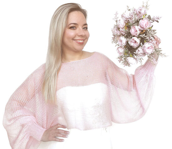Blush pink knitted bridal sweater with puffy sleeves, code WP24
