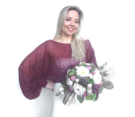 Burgunderroter Hochzeitspullover, Brautjacke, Überwurf, WBU7
