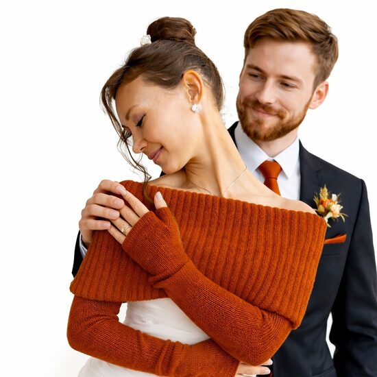 Gestricktes Braut-Cover-up in Burnt Orange – Hochzeits-Schulterstola für Brautjungfern | WO4