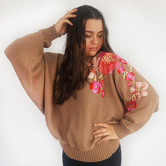 Caramel Wool Kimono Sweater: Embroidered Floral Knit Jumper, code IA22