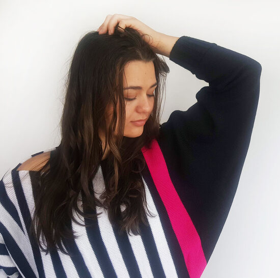 Merino Wool Oversized Kimono Sweater: Black, White & Magenta Knit Pullover, code IA23