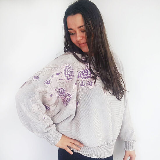 Light Gray Oversized Wool Knit Kimono Sweater with Embroidered Flower Applique, code IA24