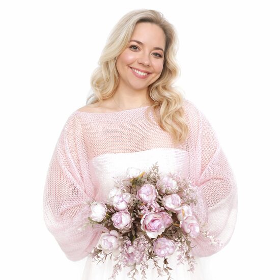 Blush pink knitted bridal sweater with puffy sleeves, code WP24