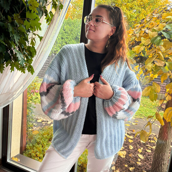 Light Blue Knit Cardigan: Oversized Wool Knitted Jacket Striped Bell Sleeves, code IA9