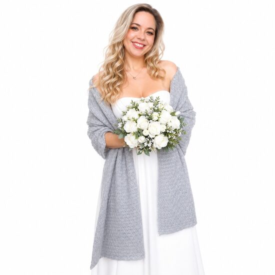 Hellgraues Brautschal, gestrickte Hochzeitsstola, Bridesmaid-Schal – Code WGY13