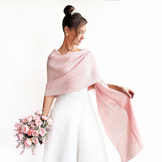 Līgavas plecu šalle adīta sārti rozā krāsā, kods WP25