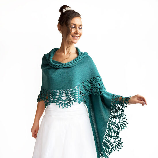 Knitted and crocheted bridal shawl teal color, cover up, wedding wrap, code WB19