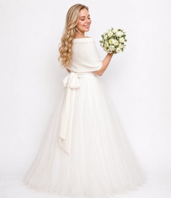 Knitted snow white bridal cape ties at the back, code WW1