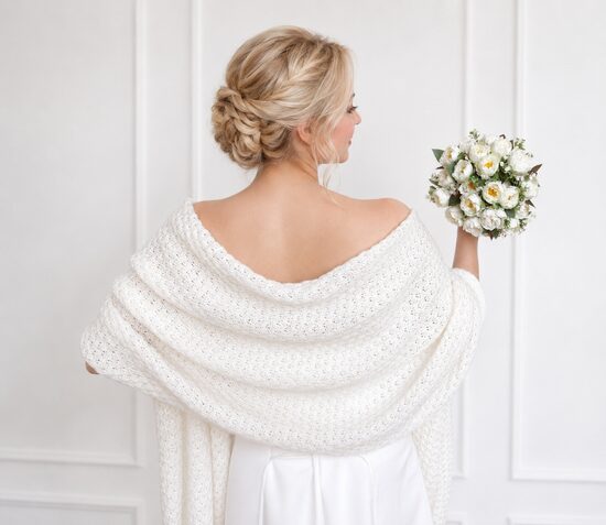 White bridal shawl, knitted wedding wrap, bridesmaid shawl, code WW4