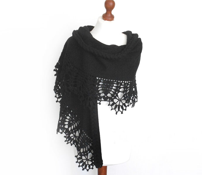 Crocheted bridal shawl black, cover up, wedding wrap, crochet and knitted shawl, bridesmaid shawl, WG11