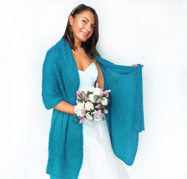 Turquoise bridal shawl, knitted bridesmaid shawl, evening shawl,  VB24