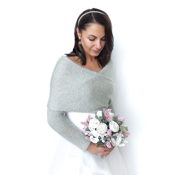 Light gray bridal sweater, bridal jacket, cover up, bridal bolero, knitted shrug, bridal scarf with arms, VG6