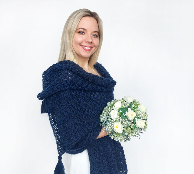 Dark blue mohair bridal shawl for winter wedding, bridesmaids shawls, code WB13