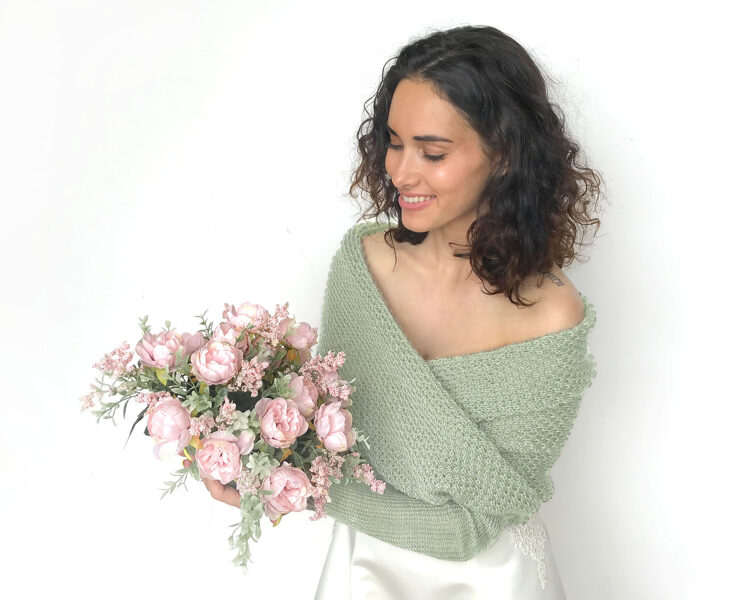 Wedding sweater sage green, bridal jacket, cover up, knitted shrug, bridal scarf with arms, WG1