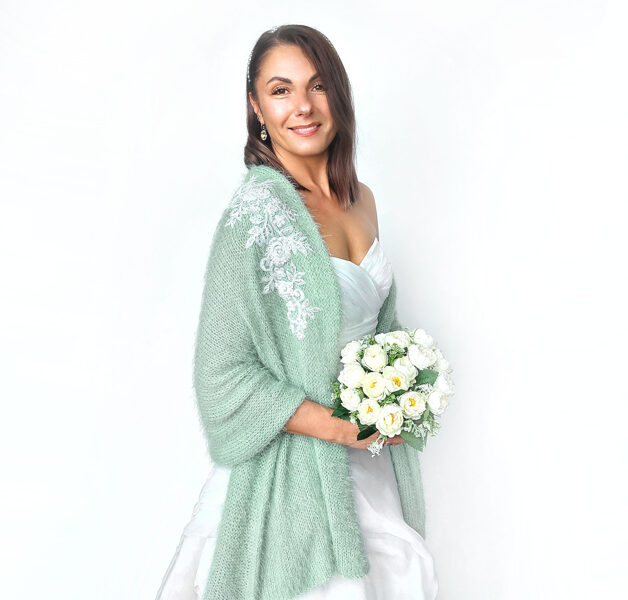 Bridal shawl sage green embroidered with lace applique, knitted shawl, VG16