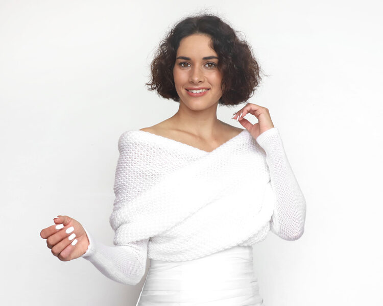 Wedding sweater white, bridal jacket, cover up, bridal bolero, knitted shrug, bridal scarf with arms, codeWW5