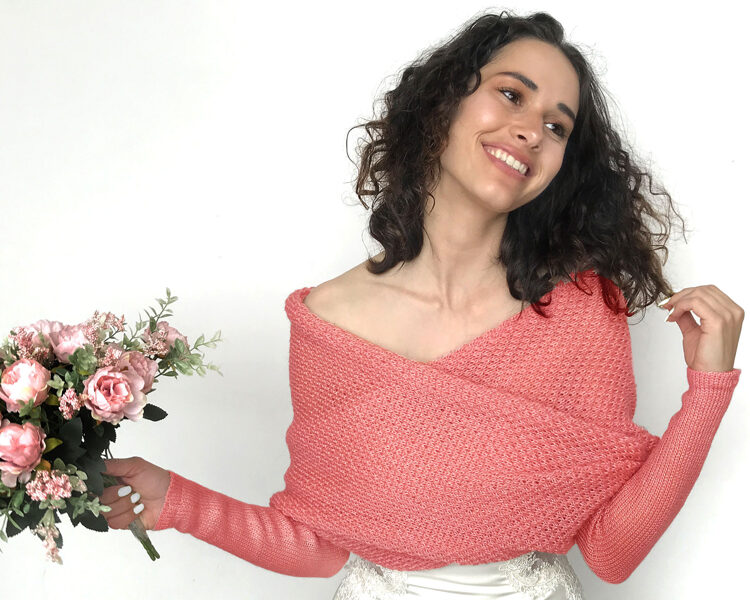 Coral color bridal sweater merino wool, wedding jacket, bridal bolero, wedding wrap, knited scarf with arms, MP3