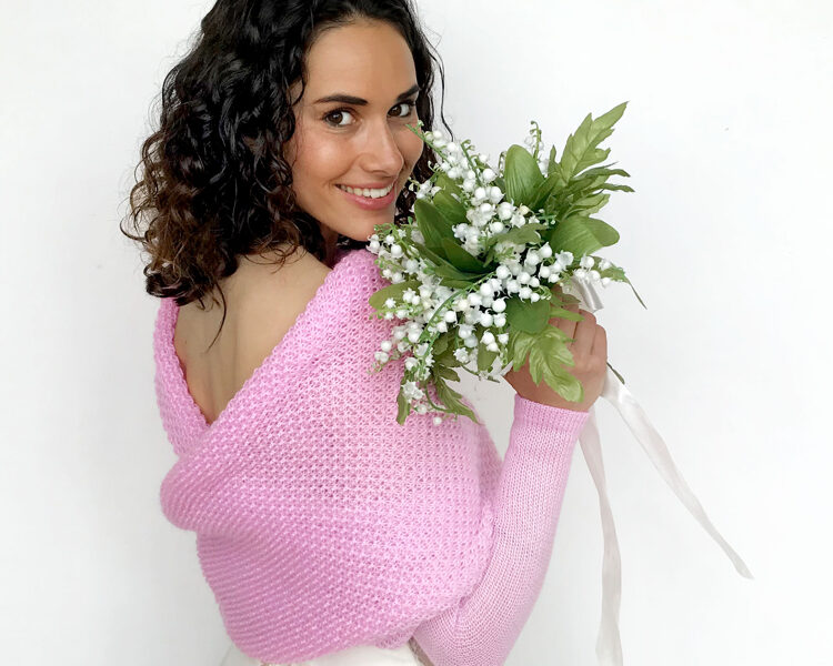 Pink wedding sweater, bridal jacket, cover up, bridal bolero, knitted shrug, bridal scarf with arms, WP8