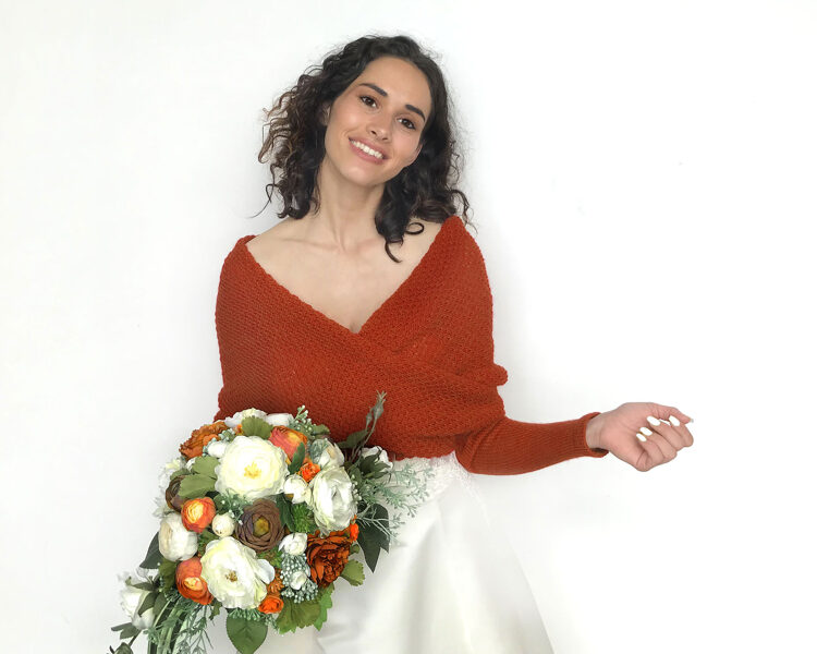 Burnt orange color wedding sweater, bridal jacket, cover up, bridal bolero, knitted shrug, bridal scarf with arms, WO3