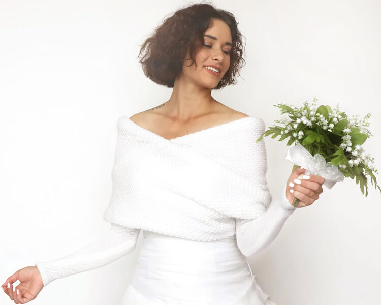 Creme white bridal sweater merino wool, wedding jacket, bridal bolero, wedding wrap, scarf with arms, MW1