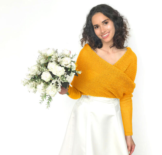 Wedding sweater yellow, bridal jacket, cover up, knitted shrug, code WY2