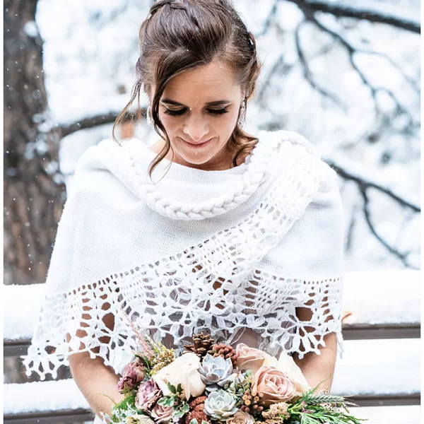 white knitted and crochetted shawl